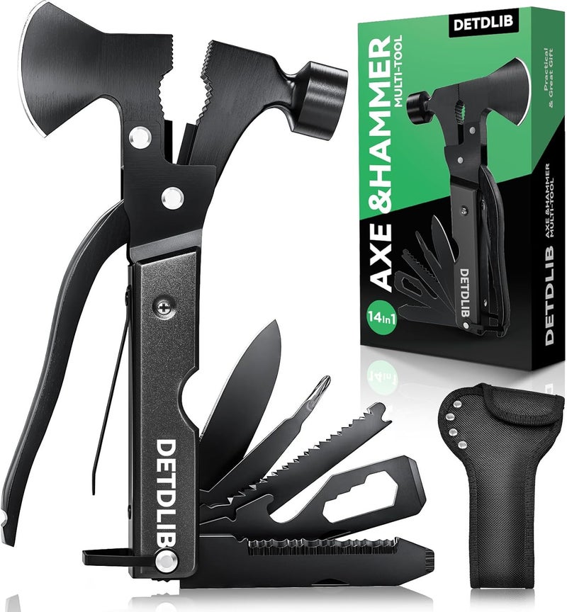 DETDLIB 15-in-1 Multitool Axe Hatchet, Birthday Gifts for Men, Essential for Camping, Hiking, Cool Gadget Valentines Day Gifts for Him, Men, Husband, Dad, Father, Mechanic, Women, Black - Image 1